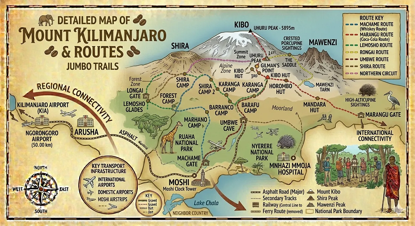 Illustrative map of Mount Kilimanjaro and its climbing routes