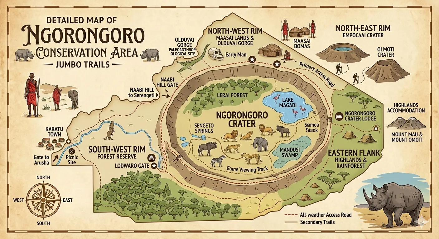 Illustrative map of the Ngorongoro Conservation Area and crater region