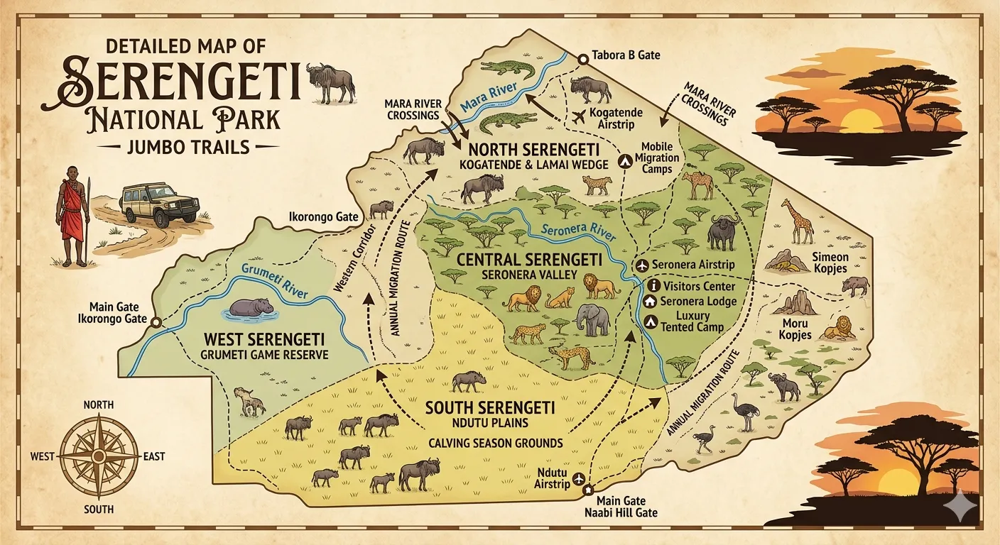 Illustrative map of Serengeti National Park and its main safari regions