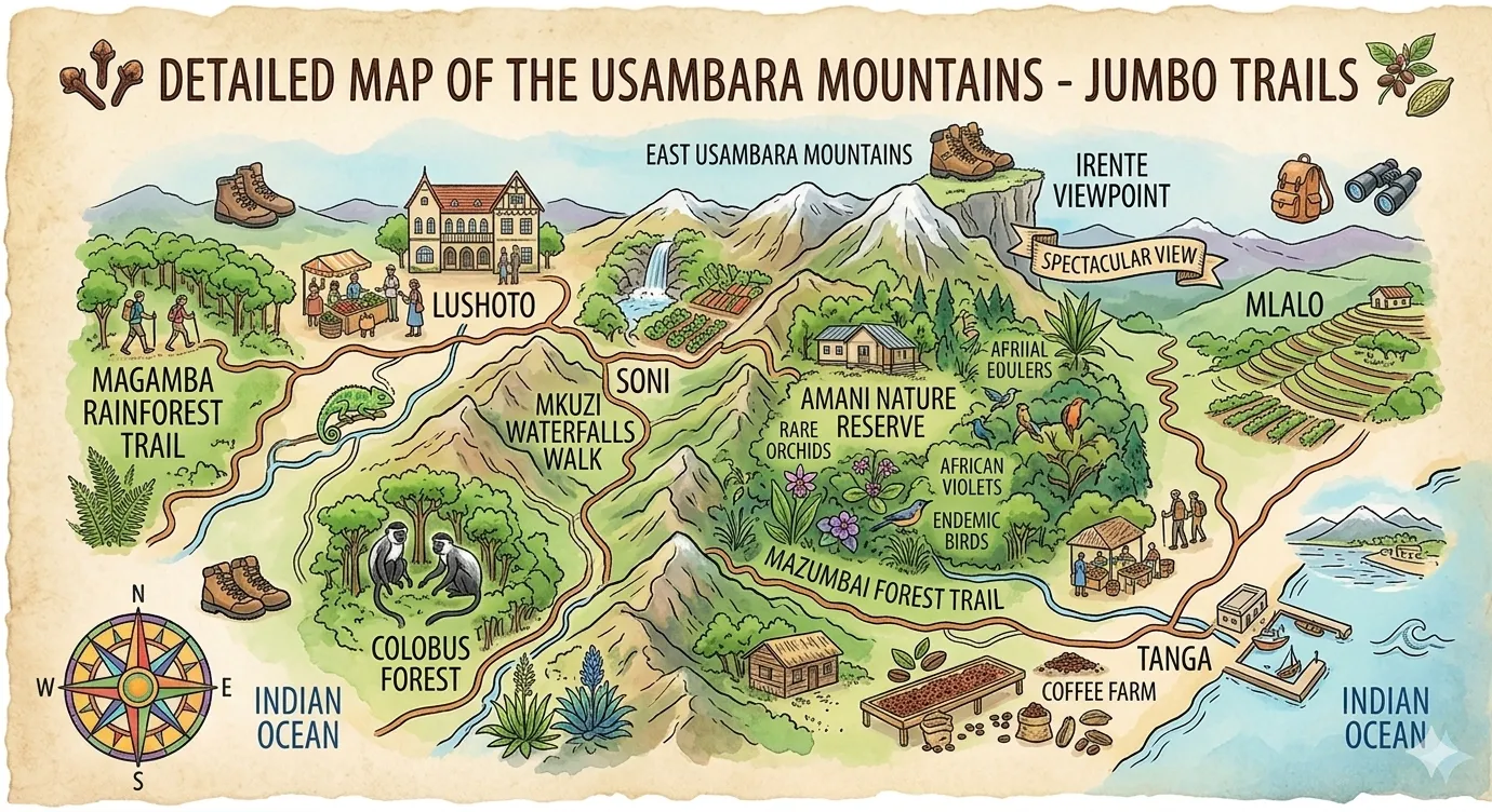 Illustrative map of the Usambara Mountains and surrounding region